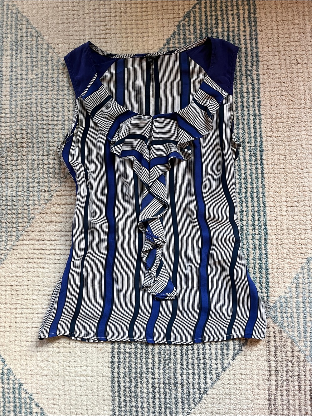 Striped Ruffle Front Sleeveless Top - Blue/White